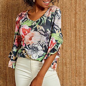 Navy & Pink Floral Bell-Sleeve Top
